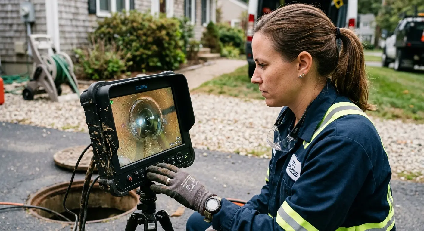 Technician reviewing sewer camera inspection footage in Pinellas Park