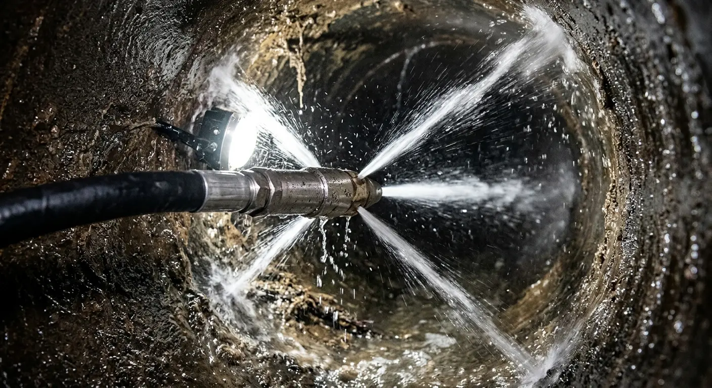 High-pressure hydro jetting nozzle cleaning sewer pipe for Emergency Drain Service in Pinellas Park