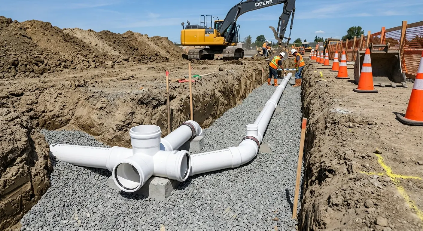 New PVC sewer pipe installation in open trench for Grease Trap Cleaning in Pinellas Park