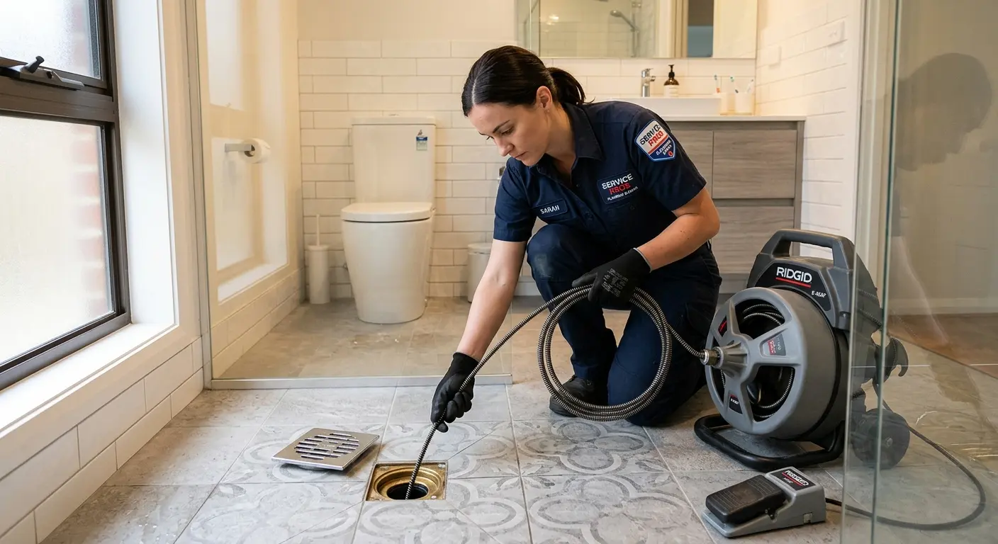 Technician clearing a bathroom floor drain for Sewer Line Installation in Pinellas Park